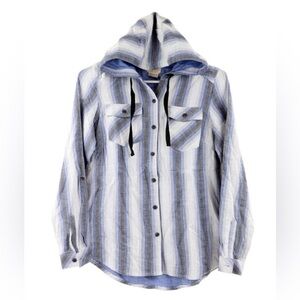 Boston Traders Coastal Blue Striped Hoodie Shirt Beachy Button Down Shacket L